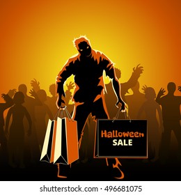 Halloween sale poster with crowds of zombies on orange background