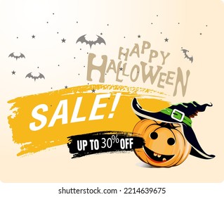 Halloween Sale Poster Design with 30% Discount Offer, Jack-O-Lanterns, Halloween pumpkins ghost, Scary Halloween bats and "SALE