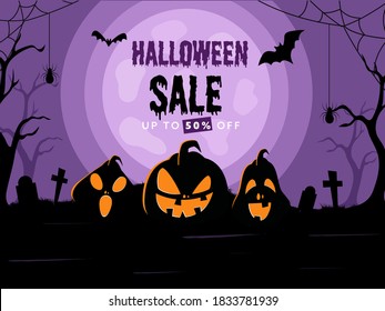 Halloween Sale Poster Design with 50% Discount Offer, Jack-O-Lanterns, Tombstones, Bare Trees on Purple Full Moon and Black Background.