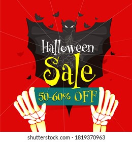 Halloween Sale Poster Design with 50-60% Discount Offer, Skeleton Hands, Spider Web and Bats Flying on Red Background.