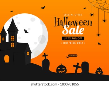 Halloween Sale Poster Design with 70% Discount Offer, Castle, Jack-O-Lanterns, Tombstones on Full Moon Orange and Black Background.