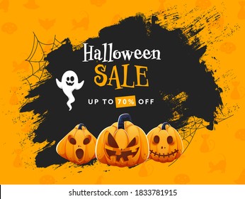 Halloween Sale Poster Design with 70% Discount Offer, Jack-O-Lanterns, Cartoon Ghost and Black Brush Grunge on Orange Background.