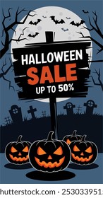 Cartel de venta de Halloween con descuentos de hasta el 50%.