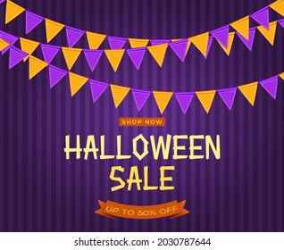 Halloween sale poster with flags and garland on purple background. Vector Illustration. EPS10
