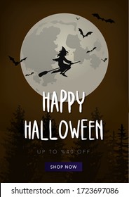 Halloween sale poster with flying witch, moon, bat, pine tree. Vector illustration background for party invitation, greeting card, banner, web, social media.