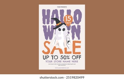 Halloween Sale Poster with Ghost Illustration