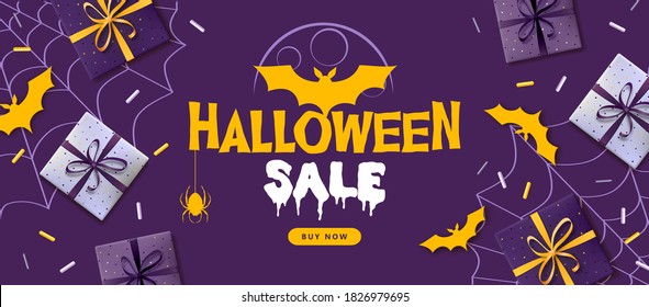 Halloween sale poster with gift boxes and bat silhouette. Halloween background