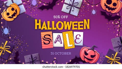 Halloween sale poster with gift boxes and jack o lantern. Halloween background