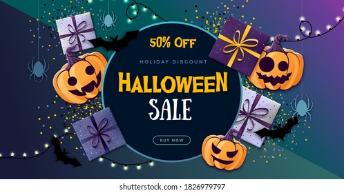 Halloween sale poster with gift boxes and jack o lantern. Halloween background