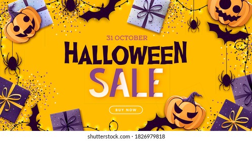 Halloween sale poster with gift boxes and jack o lantern. Halloween background