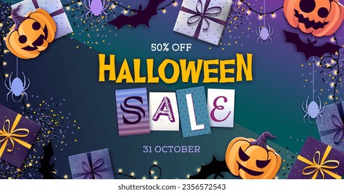 Halloween sale poster with gift boxes and jack o lantern. Halloween background