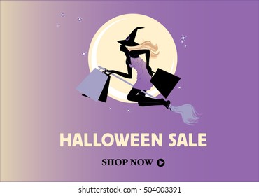 Halloween sale poster. Glamour witch flying on the broom with shopping bags at halloween night. Vector illustration