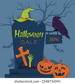 Afiche de venta de Halloween. Tumba con zombie cerca de calabazas y sombrero de bruja. Vacaciones de otoño de miedo y horror. Cuervo en la tumba del cementerio. Descuentos y promociones. Ilustración vectorial plana