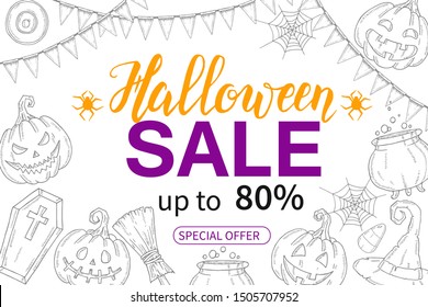 Halloween Sale poster with hand drawn pumpkin Jack, witch hat, broom, sweets, candy roots, coffin, pot with potion/ Up to 80%. Special offer