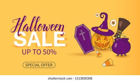 Halloween Sale poster with lettering and Halloween objects in sketch style  on orange background. Up to 50%. Special offer