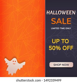 Halloween sale poster with orange spiderweb background and a ghost. Paper art vector advertising design with place for your text.