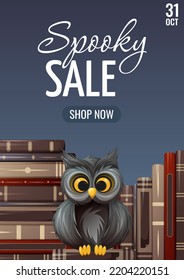 Halloween sale poster. Owl surrounded by books. Vector illustration. For banner, flyer, bookstore. A4 format