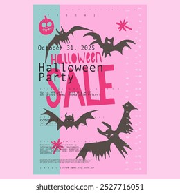 Cartaz de venda de Halloween com fundo rosa e morcegos, com texto em negrito e jack-o-lantern, ideal para promoções de eventos com um estilo divertido e misterioso.