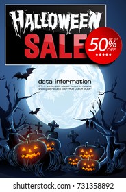 Halloween Sale Poster, pumpkin background in the woods. Vertical Vector illustration. you can place relevant content on the area.