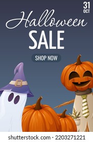 Halloween sale poster. Pumpkins, ghost in sorcery hat and scarecrow. Vector illustration. For banner, flyer, store. A4 format