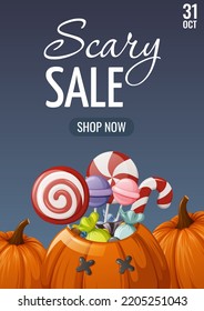 Halloween sale poster. Pumpkins with sweet treat from lollipops, candies. Vector illustration. For banner, flyer, store. A4 format