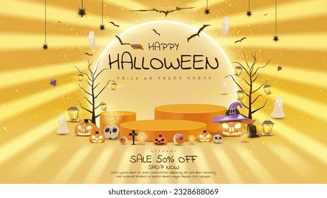 Halloween sale poster with realistic 3D elements such as pumpkins, ghosts, skulls, trees, lanterns, spiders, bats and podiums for promotional display and decorated with moon light effects.