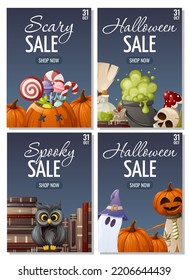 Halloween sale poster set. Pumpkins with sweet treat, bookstore and owl, ghost and scarecrow, attribute for divination, skull, potion, candle. Vector illustration. For banner, flyer, store. A4 format