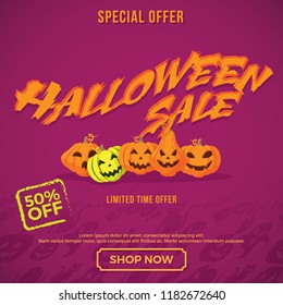 Halloween sale poster with smiley pumpkin. Vector illustration. Abstract offers banner. Halloween sale background with pumpkins, haunted house and copy space.