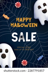 Halloween Sale Poster template. Background with ghosts, spider web and candy. Vector for party, discount, banner, invitation, social media, website, greeting cards, promo, brochure, flyer, ads.