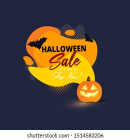 Halloween Sale poster or template design with 50% discount offer and jack-o-lanterns on abstract background.