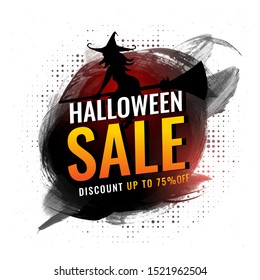 Halloween Sale poster or template design with 75% discount offer and witch flying broom on brush stroke halftone effect background.