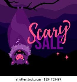 Halloween sale poster template with flying bat, special offer promotions, social media decor, web, mobile, infographic, postcard, discount banner, poster, ad signboard, party invitation

