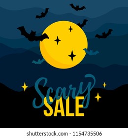 Halloween sale poster template with flying bat, special offer promotions, social media decor, web, mobile, infographic, postcard, discount banner, poster, ad signboard, party invitation
