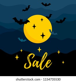 Halloween sale poster template with flying bat, special offer promotions, social media decor, web, mobile, infographic, postcard, discount banner, poster, ad signboard, party invitation
