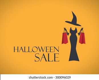 Halloween sale poster template. Special holiday discounts flyer. Fashion sales advertising. Elegant witch in dress with shopping bags. Eps10 vector illustration.