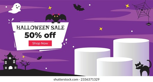 Halloween sale promo banner template with blank product podium