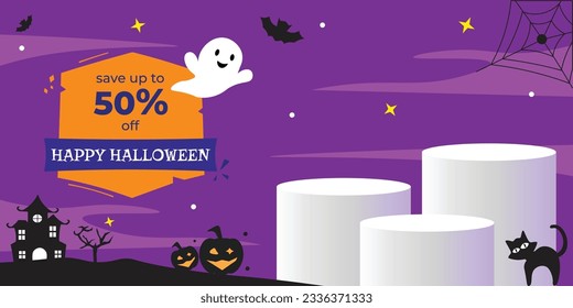 Halloween sale promo banner template with blank product podium