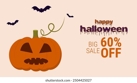 Halloween sale promo banner template offer design. Creepy pumpkin and bats. Festive creepy design poster website. Vector illustration.