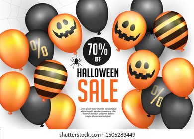 Halloween Sale Promo Poster with Halloween spider webs and Halloween Ghost Balloons on a white background. Air balloons are scary. Spooky site templates or banners. Vector illustration of EPS10