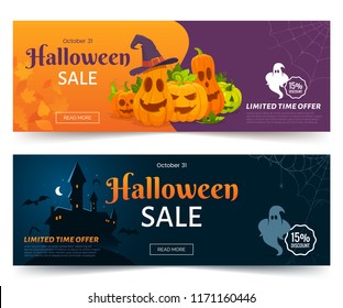 Halloween sale promo web banner. Colorful halloween coupons with spooky pumpkins, castle and ghsots. Festive advertising coupon. Vector illustration.