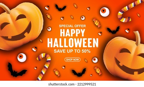 
Halloween Sale Promotion banner with cute pumpkins, bats and candy. Halloween web sale design, poster, party invitation or greeting card template