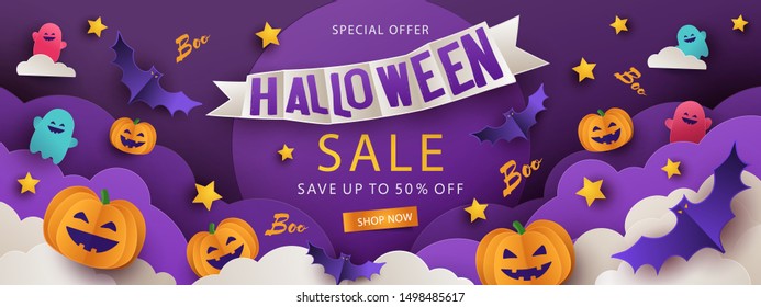 Halloween Sale Promotion banner with cutest pumpkins, bats and ghosts in night clouds on violet background. Paper cut style, digital craft style. Halloween website Sale banner, poster or card template