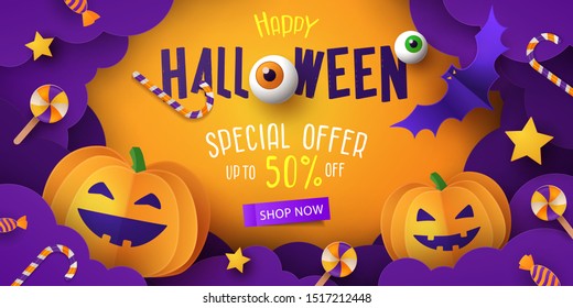 Halloween Sale Promotion banner with cutest pumpkins, bat and candy in night clouds. Paper cut, digital craft style. Halloween web Sale design, poster, party invitation or greeting card template