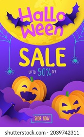 Halloween Sale Promotion banner with cutest pumpkins, bat and candy in night clouds. Paper cut, digital craft style. Halloween web Sale design, poster, party invitation or greeting card template