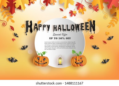 Halloween sale promotion banner with discount offer on special occasion, give voucher, banner, poster or background, paper art and craft style, flat-style vector illustration.