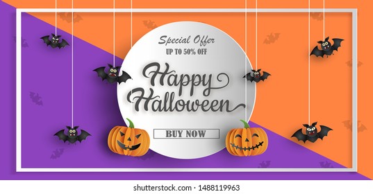 Halloween sale promotion banner with discount offer on special occasion, give voucher, banner, poster or background, paper art and craft style, flat-style vector illustration.