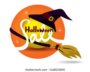 Halloween Sale promotion banner on the yellow moon wearing witch's hat and a broomstick