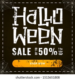 Halloween sale promotion banner or party invitation on dark old scratched background. Suitable for website, social media or banner template