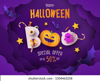 Halloween Sale Promotion banner with pumpkin, candy, bats and ghost in night clouds. Text Boo stylized as cute monsters. Paper cut style. Halloween design for poster, party invitation or greeting card