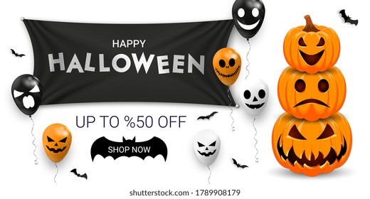 Halloween sale promotion banner with scary balloons, bats and pumpkin. Vector illustration.